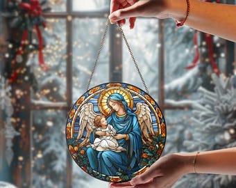 Attrape-soleil en vitrail ange gardien et enfant, décoration d'intérieur de Noël chrétien