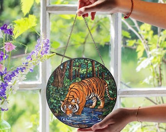Tiger Stained Glass Suncatcher, Tiger Drinking From River In Forest Scene, Handmade Wildlife Window Decor, Rustic Nature Lover Gift