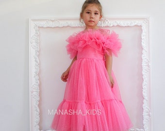 Sparkling Pink Baby Handmade Tulle & Glitter Children's Dress with Floor-Length Skirt, Ruffles, Bow, and Clear Buttons  Custom Made to Order