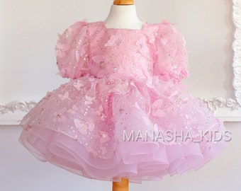 Pink Butterfly Tutu Dress for Baby Girl, Wedding Baby Dress, Flower girl Butterfly Dress, Birthday Baby Girl Dress, Tulle Lace Ensemble