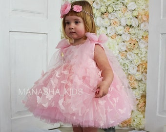 Pink Butterfly Birthday Outfit, Butterfly girl dress, Summer Tulle Dress, Special Occasion Toddler Baby Princess Dress, Flower girl dress