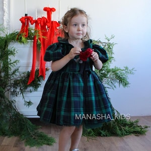 Green Plaid Christmas Dress with Velvet Bows, Holiday Party Outfit