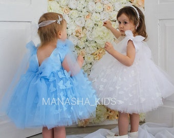 Butterfly Girl dress, White Tutu Tulle Puffy Flower Girl Dress, First Baby Birthday Prom Gown, Butterfly Pageant Toddler Special Occasion