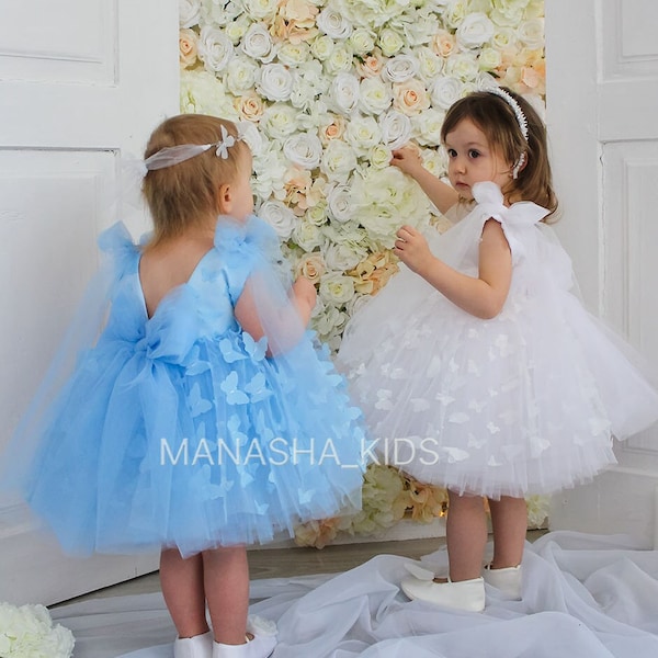 Butterfly Girl dress, White Tutu Tulle Puffy Flower Girl Dress, First Baby Birthday Prom Gown, Butterfly Pageant Toddler Special Occasion