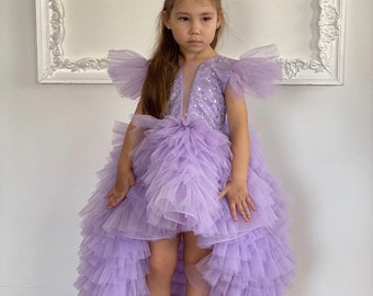 Lavendel Baby Flauschiges Tutu Kleid mit Schleppe, Blumenmädchen, Geburtstags-Party Kleid, Abschlussball Ball Kinder Kleid für besondere Anlässe, Smash Kuchen Fotoshooting