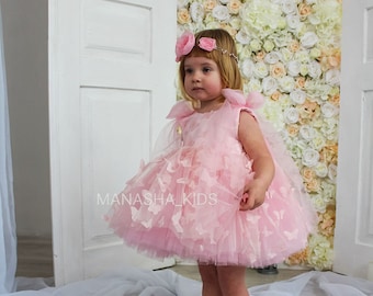 Pink Butterfly Flower girl dress, First Birthday Outfit, Butterfly girl Summer Tulle Dress, Special Occasion Toddler Baby Princess Dress