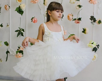 Vestido de invitada de boda de niña, vestido de niña de flores, vestido 3D, vestido de cumpleañera, vestido de bebé, falda hinchada de tul, vestido de sesión de fotos de niña