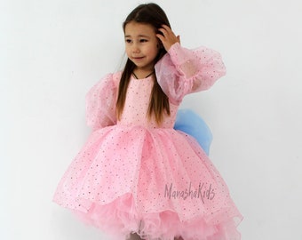 Roze Vinage verjaardag meisje jurkje, bloemenmeisje jurkje, peuter meisje jurkje speciale gelegenheid baby fotoshoot, organza Tutu feestjurk met trein