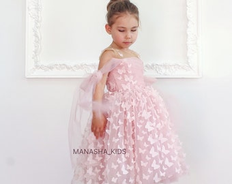 Powder Butterfly Girl dress, Princess Dress, Flower Girl Dress, Butterfly Lace Tutu Tulle Dress, Girl Wedding Dress, Baby Toddler Girl Dress