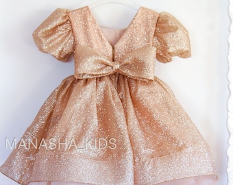 Gold Shiny Birthday Party girl dress, First Birthday Gold Baby Dress, Toddler Sparkling Gold Dress, Toddler Evening Dress, Photo shoot baby