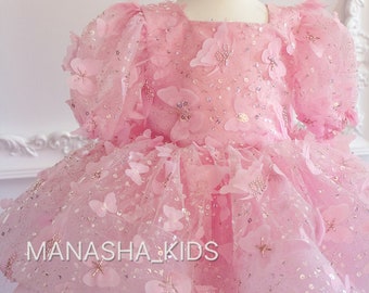 Baby Girl Tutu Dress Butterfly Dress Pink Tulle Dress, Wedding Baby Dress, Butterfly Lace, Birthday girl dress, Pink Butterfly Toddler Dress