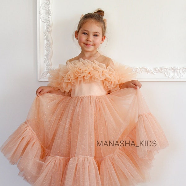 Peach Birthday girl dress, Special occasion, Stunning sleeveless children's festive dress, Party Tulle Baby Toddler Girl PhotoShoot Dress