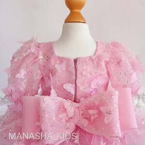 May include: A pink tulle dress with a large pink bow and butterfly embellishments. The dress has a zip fastening at the back.