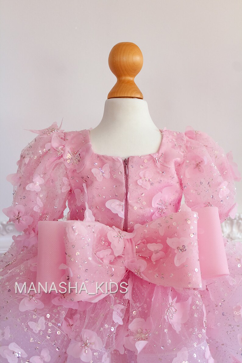 May include: A pink tulle dress with a large pink bow and butterfly embellishments. The dress has a zip fastening at the back.
