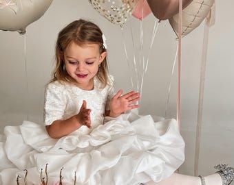 Ivory Birthday Party Gown, Pageant Dress for Kids, Flower Girl Dress with Pearls, Elegant Wedding girl Dress