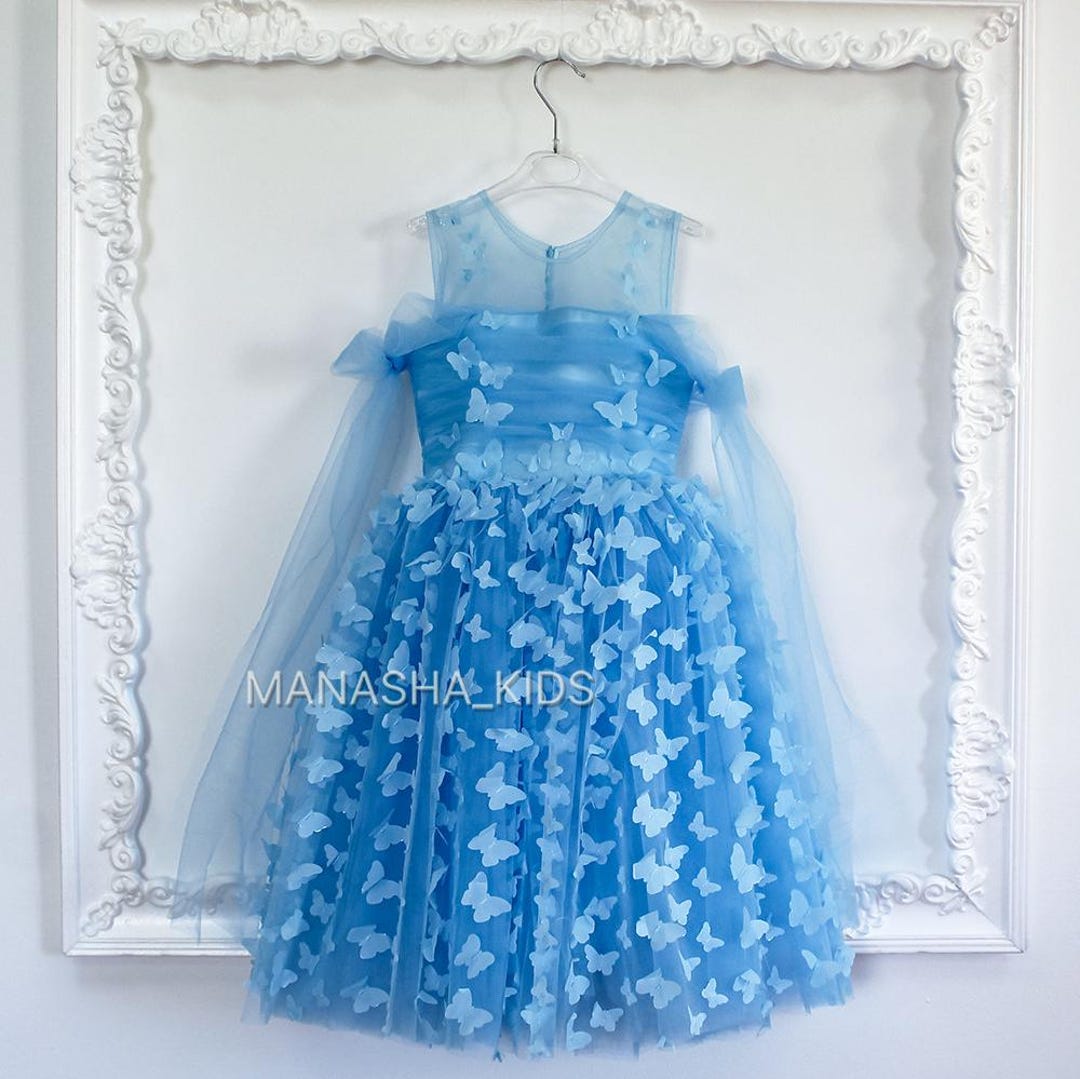 Light Blue Baby Girls Clothes Butterfly Appliques Puffy Flower Girl Dresses UF057