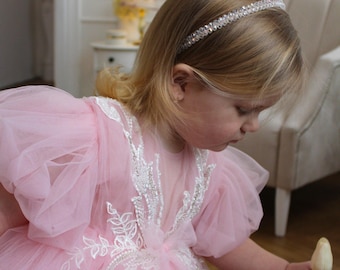 Robe rose poudré pour fillette, fête de premier anniversaire, robe rose pour bébé avec traine, robe bouffante pour tout-petit, robe de bal en tulle, robe bébé pour une occasion spéciale