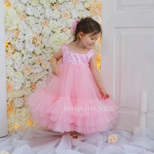 May include: A young girl wearing a pink tulle dress with sequins. The dress has multiple layers of tulle and a sequined bodice. The girl is standing in front of a white flower wall.