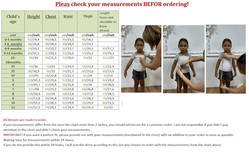 May include: A chart showing children's clothing measurements in inches and centimetres. The chart includes measurements for age, height, chest, waist, thigh, and length from mid-shoulder to knee. The chart also includes images of children being measured.