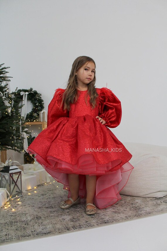 Red Birthday Party Girl Dress, Sparkling Dresses, Puffy Long Sleeve Dress  With Feathers, Asymmetric Glitter Christmas Girl Dress With Train - Etsy