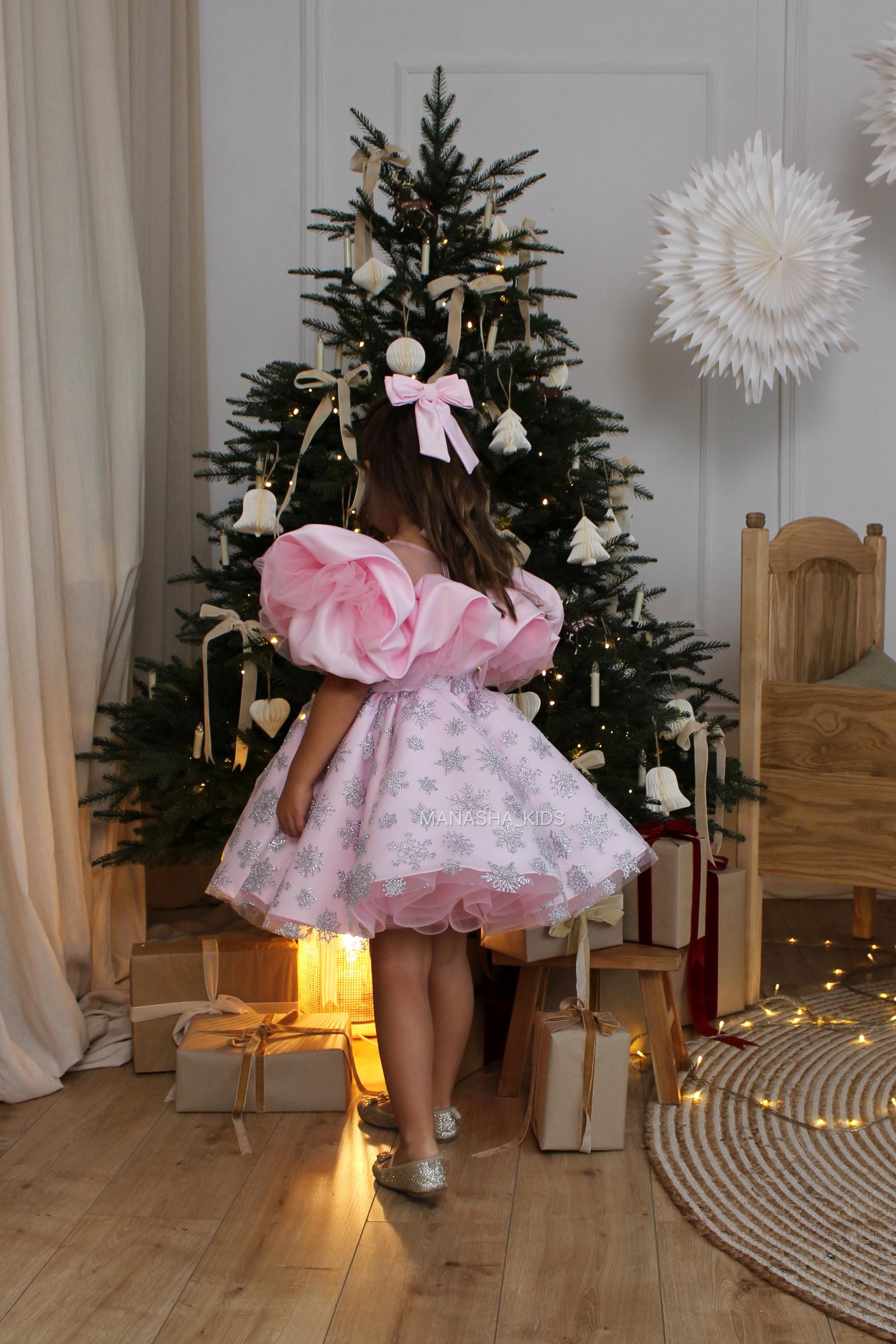 pink snowflake dress Konbeca Toddler Girls Princess Dress, Little Girls Party Wedding Dress, Snowflake Pattern Printed Net Yarn Long Dress, Kids Pageant Flower Girl