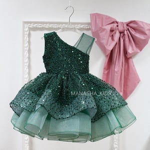 Christmas Girl Dress, Green Birthday Party Girl Dress with sequins, Toddler Sparkling Dress, Smashcake Photoshoot dress, Princess Dress