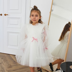 Ivory Communion dress, Flower Girl Dress, Baby Birthday Party Dress, Pink bow, Junior Bridesmaid Dress, Wedding Baby Dress, Prom Ball Gown