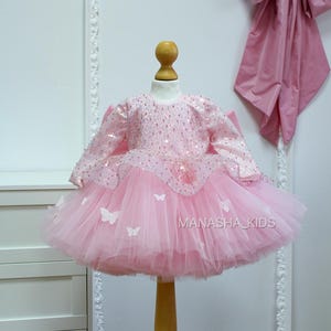 Pink First Birthday Baby Girl Dress, Tulle butterfly Ensemble, Flower Tutu Dress for Baby Girl, Wedding Baby Dress, Pink dress for girls