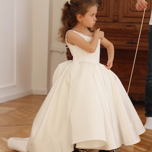 Wedding flower girl dress, Flower girl dress ivory toddler with big bow, Birthday Party girl dress, Ivory satin flower girl dress with train