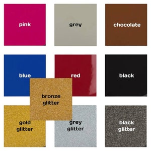 May include: A color chart with nine different colors, including pink, grey, chocolate, blue, red, black, bronze glitter, gold glitter, and grey glitter.