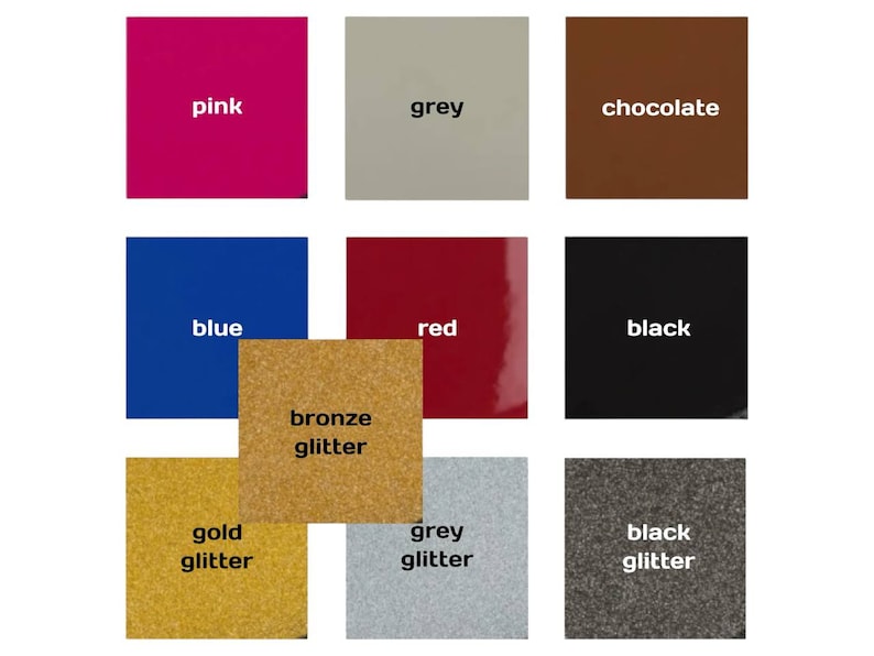 May include: A color chart with nine different colors, including pink, grey, chocolate, blue, red, black, bronze glitter, gold glitter, and grey glitter.