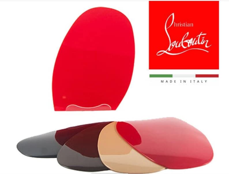 May include: Four pairs of red, brown, gray, and beige shoe soles with the Christian Louboutin logo and "Made in Italy" text.