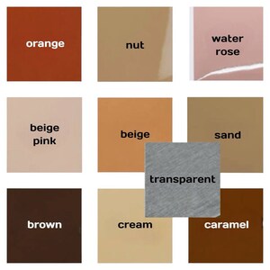 May include: A color chart with 10 different colors, including orange, nut, water rose, beige pink, beige, sand, transparent, brown, cream, and caramel.