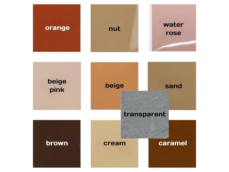 May include: A color chart with 10 different colors, including orange, nut, water rose, beige pink, beige, sand, transparent, brown, cream, and caramel.