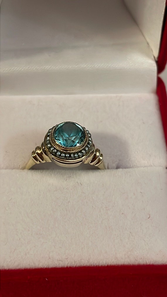 14k YG Blue Zircon and seed pearl ring - image 1