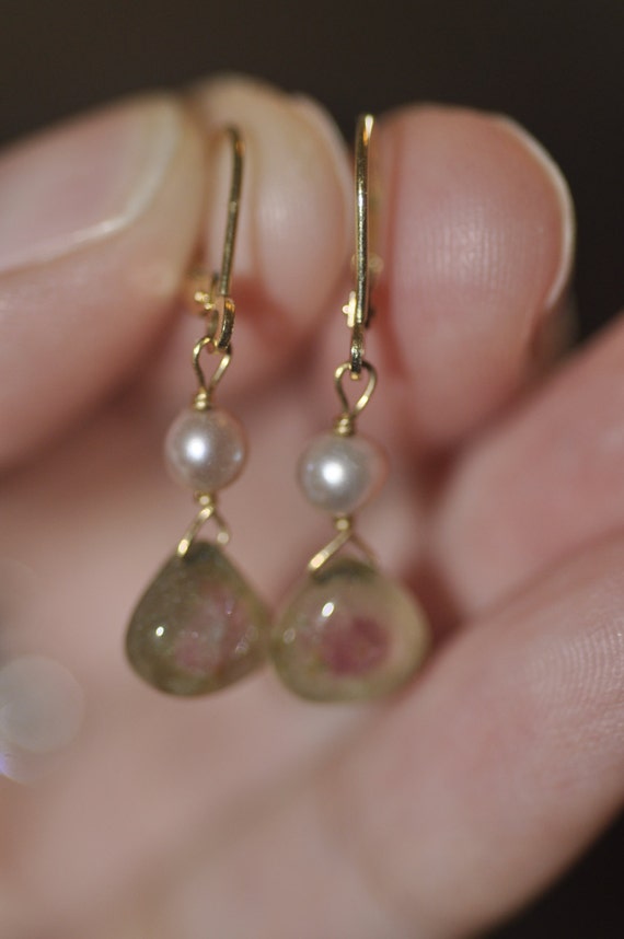 Watermelon Tourmaline and Pearl Dangle Earrings