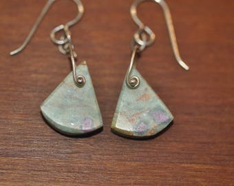 Seafoam Green with pink and gold swirl natural stone dangle Sterling Earrings