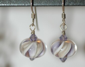 Purple and white swirl round lampwork beaded earrings