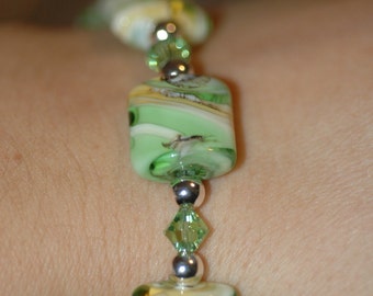 Bright Green Lampwork and Crystal Bracelet