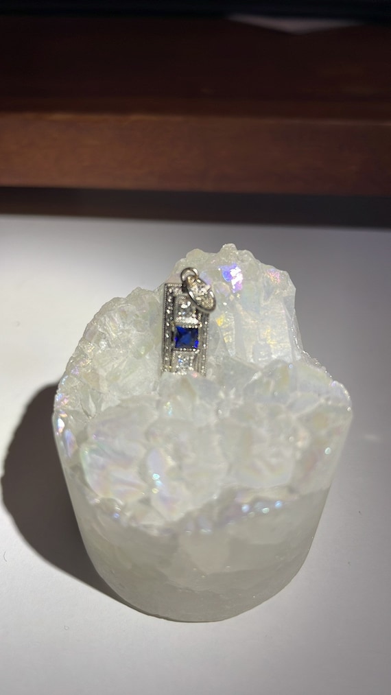 14k WG Art Deco French cut sapphire and two diamon