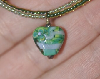 Green and Purple Lampwork Focal Heart on Seed Bead Double Necklace