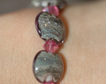 Earthy Silvered and Pink Lampwork Glass and Swarovski Crystal Bracelet