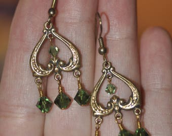 Gold Tone Heart Chandlier Earrings with Green Swarovski Dangles