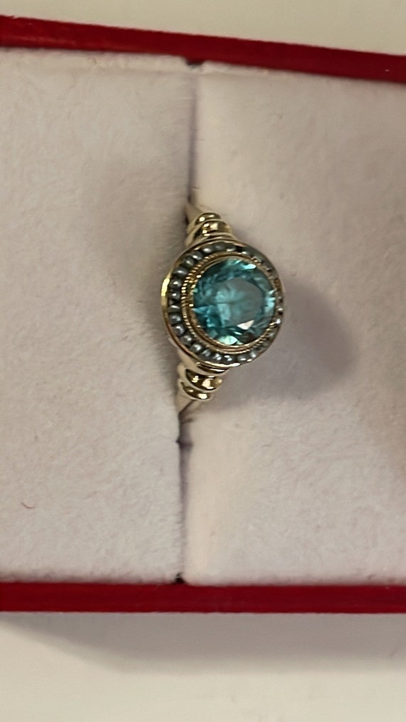 14k YG Blue Zircon and seed pearl ring - image 2