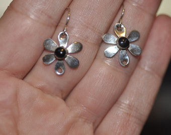 Boucles d’oreilles vintage sterling Silver Daisy Onyx Flower