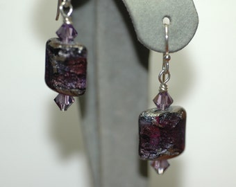 Purple and Silver Square Lampwork Earrings