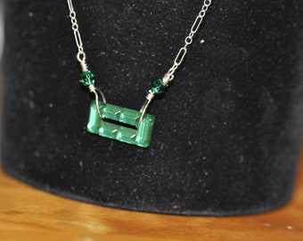 Green Square Crystal Necklace on Sterling Silver Chain