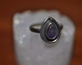 Pear Amethyst Bezeled Sterling Silver Ring Size 8