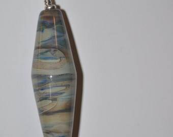 Khaki Blue and Amber Glossy Lampwork Focal on Long Sterling Silver Chain