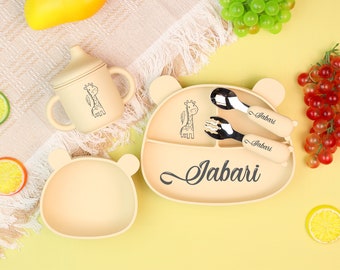 Personalisierte Silikon Baby Entwöhnung Set, Cartoon Entwöhnung Set für Kleinkind Kinder, Fütterung Set mit Name, Bärenform Platte, Silikon Lätzchen graviert